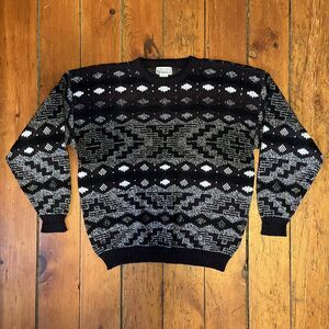 Vintage City Streets Knit Grandpa Sweater Mens Large Black White Acrylic 3D